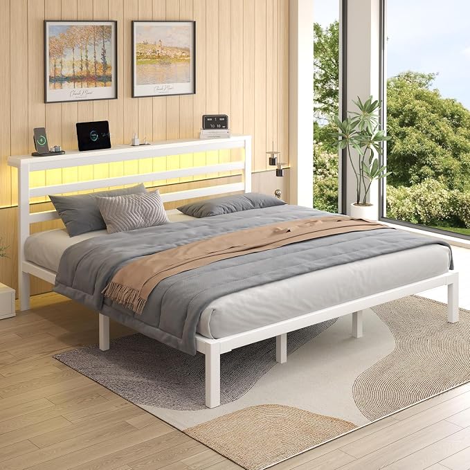 LOEWAY King Size Metal Bed Frame with Storage Headboard & LED Lights, White | Built-In Charging Station, Under-Bed Storage, Heavy Duty Metal Slats, No Box Spring Needed, Solid and Stable, Easy Assembly