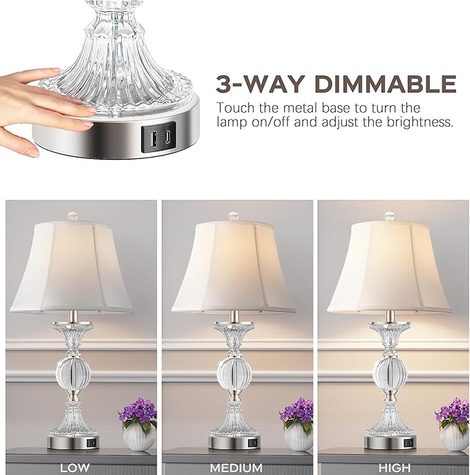 QiMH Glass Table Lamps for Living Room, Modern Table Lamp for Bedroom, Bedside Lamps Set of 2 with USB A+C Ports, 3-Way Dimmable Touch Lamp with Bulbs, Nightstand Lamp for Home Office Reading, Silver