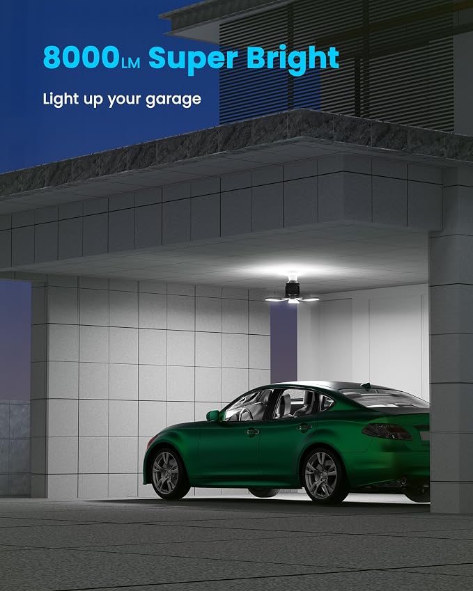 Garage Lights with Motion Sensor, 80W, 8000LM, E26 Screw in, 4 Pack | Remote & Wall Switch Control, Deformable LED Panels, 6500K Daylight, 360° Detection for Ceiling, Basement