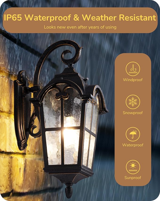 EDISHINE Dusk to Dawn Outdoor Wall Lights, 20.4" Large Size Exterior Lantern Fixture, Porch Lights Wall Mount, Roman Wall Lamp, Waterproof Outside Wall Sconce for Front Door Garage, Black | Large Size, Auto ON/OFF, Water Ripple Glass, E26 Socket, Roman...