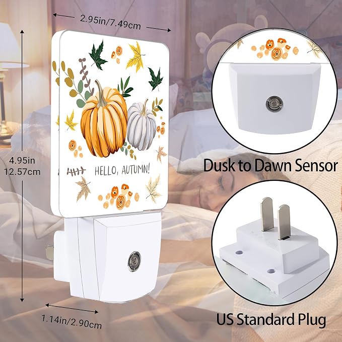 Hello Autumn Night Light, Orange Pumpkins Night Lights Plug into Wall Decor for Bedroom, Bathroom, Hallway, Kitchen, Dusk to Dawn Sensor Nightlights for Boys Girls Women Men Room Gifts