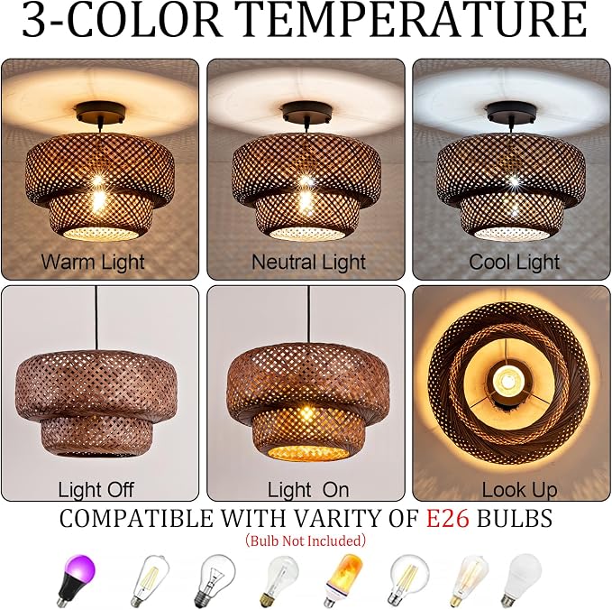 TeruTeru Ji Kaikang Bamboo Pendant Light,13.8" Brown Rattan Hanging Light | Boho Curry Bamboo Rattan Pendant Lights,Hand Woven Rattan Chandelier for Kitchen Island Dining Bedroom Living Room