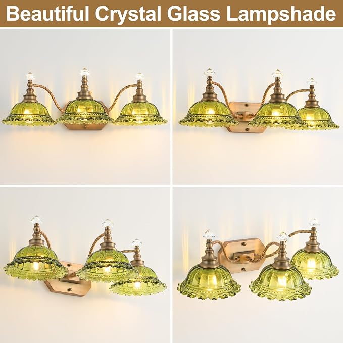 Vintage Bathroom Light Fixtures, 3 Light Brass Vanity Lights with Green Crystal Glass Flower Shade, Retro Wall Sconce for Bedroom, Living Room, Hallway
