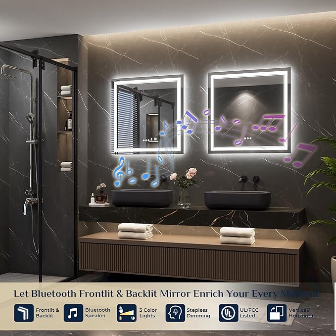 Keonjinn 30 x 30 in Lighted Mirrors for Bathroom Wall with Bluetooth Speaker, Frontlit & Backlit LED Mirror for Bathroom with Dimmable 3 Color Lights, Bluetooth Mirror Bathrooms, Tempered Glass