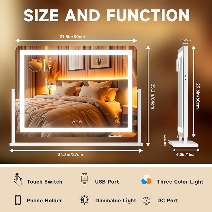 Hasipu Vanity Mirror with Lights, 34.3" x 25.2" LED Makeup Mirror, Light up Mirror with 10X Magnification and Phone Holder, USB Charging Port, Smart Touch 3 Colors Dimmable (White)