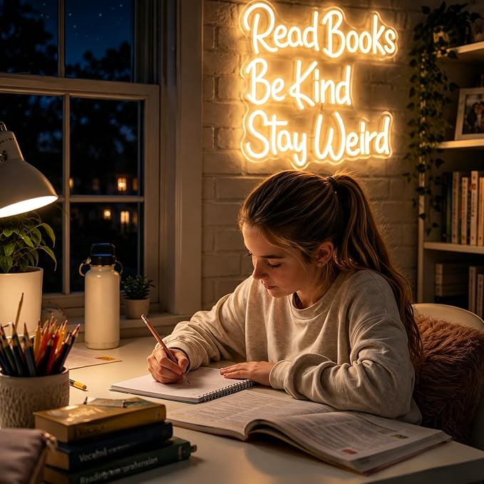 Neon Sign Led Sign Neon Signs for Wall Decor Neon Lights Up Signs | Read Books Be Kind Stay Weird Neon Sign, Warm White Room Decor, Girls Gift, Party, Classroom Wall Decor, 5V USB Powered
