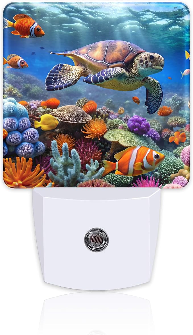 Giant Turtle in Coral Reefs Night Light, Underwater World Marine Fish Corals Dusk to Dawn Night Light Plug in, 0.5w Energy Saving Sleep Friendly NightLight for Kids Boys Girls Home Decor