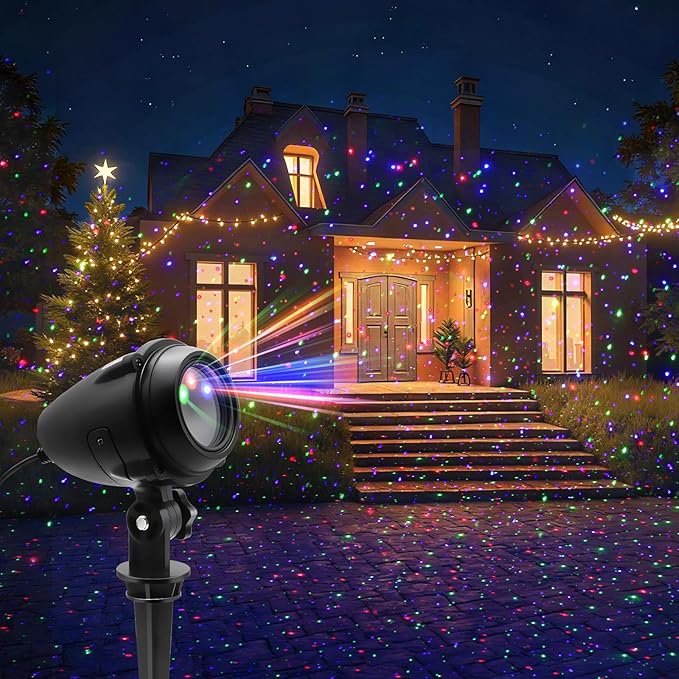 Outdoor Christmas Projector Lights, Outdoor Garden Lights, Featuring Red, Green, and Blue Stars Accents, IP65 Waterproof. Ideal for Holiday Celebrations, Parties, and Garden Decorations.