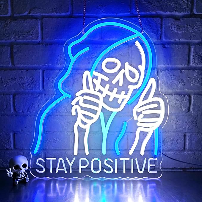 STAY POSITIVE Neon Sign Wall Decor, Motivational Skeleton‌ Lights up, Inspirational LED Sign Halloween Party Decorations for Man Beer Bar Man Cave Pub Garage Workshop