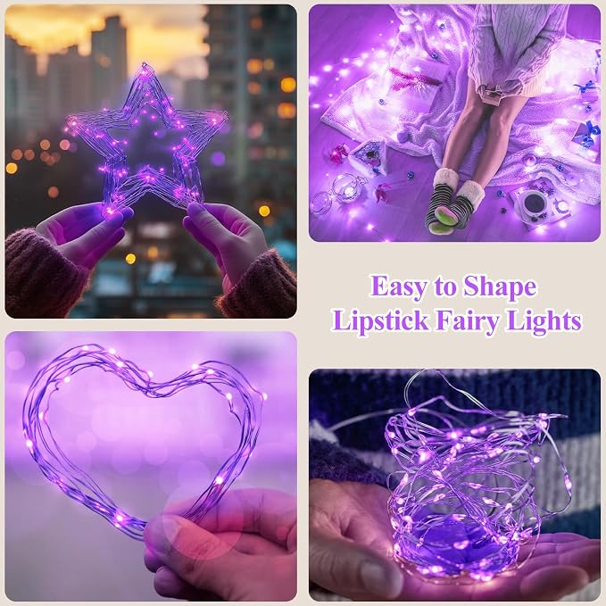 16FT(5M) Purple Fairy Lights, Rechargeable Battery Operated String Lights with Timer, 8 Modes Waterproof Mini LED Twinkle Lights for Bedroom Christmas Wedding Vine Centerpiece Table Decor