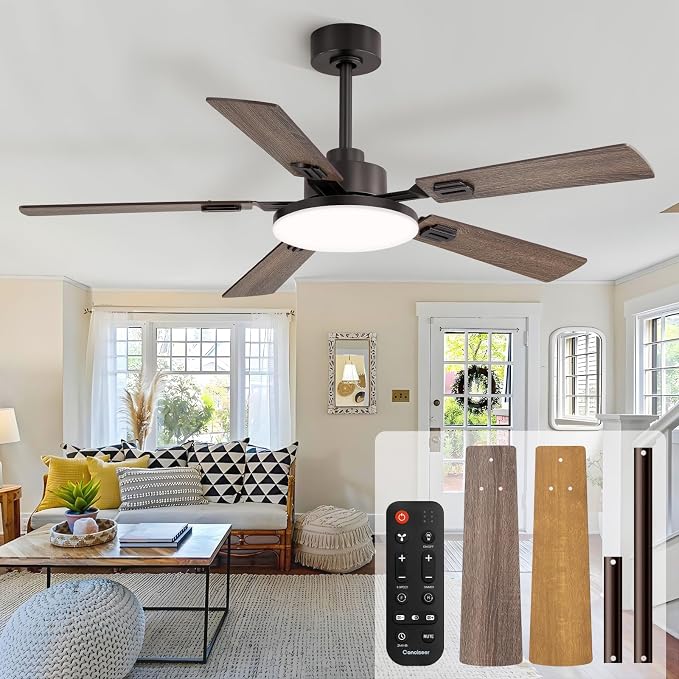 Conciseer 52 Inch Ceiling Fans with Lights and Remote for Bedroom Living Room Kitchen Office, Indoor/Outdoor Use, 6CCT Dimmable, 5 Blades 6 Speed Reversible Quiet DC Motor, Brown/Wood Grain