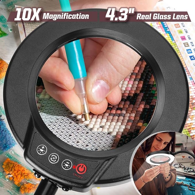 10X Magnifying Glass with Light and Phone Holder, 5 Color Modes Stepless Dimmable LED Lighted Desk Lamp with Stand, Hands Free Magnifier with Flexible Goose-Neck for Craft Hobby Painting, Black