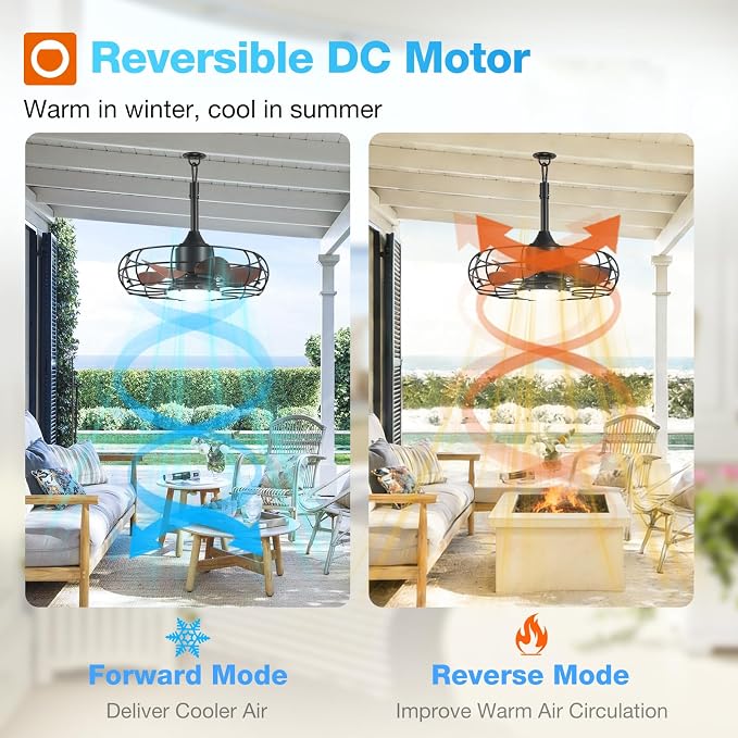 addlon 20" Outdoor Ceiling Fan with Light for Patio, IP65 Plug in Caged Fan | Waterproof, Hanging Hook, Reversible DC Motor, 6 Speeds, Remote Control, Quiet Operation, Timer, for Gazebo, Patio, Porch