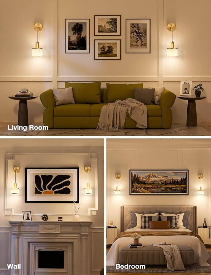 Battery Operated Wall Sconce Set of 2, Gold & Off-White Wireless Rechargeable Wall Lights with 5200mAh Dimmable Detachable Bulbs and Remote, 9 Colors Sconces Wall Decor for Bedroom Living Room