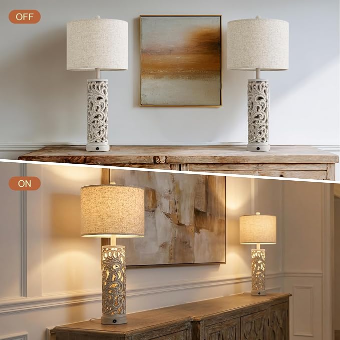 2-in-1 Light Table Lamp Set of 2 for Living Room, 28.5" Farmhouse Bedside Lamps with USB Charging Port, Main&Night Light & Dual Switches, Nightstand Lamp for Bedroom Home Office(Bulb Included)