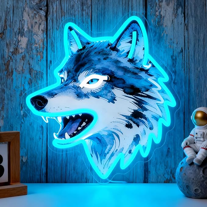 Wolf Neon Sign, UV Printed Dimmable Led Wolf Neon Light Animal Wall Decor Wolf Gifts for Boys Men Bedroom Living Room Man Cave Home Birthday Decoration