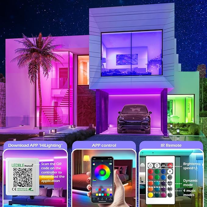 41FT Led Strip Lights,Long Smart Led Light Strips Music Sync 5050 RGB Color Changing Rope Lights,Bluetooth APP/IR Remote/Switch Box Control Led Lights for Bedroom,Home Decoration,Party,Festival