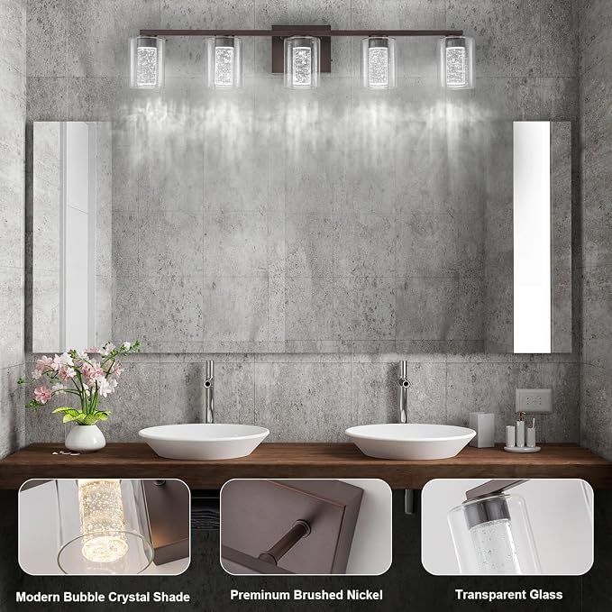 SineRise 5-Light Bronze Vanity Light with 3 Color Modes (3000K/4000K/6000K), Eye Protection LED Bathroom Light Fixture, Dimmable Modern Wall Light Over Mirror with Clear Glass Shade