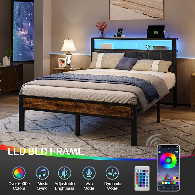 Liians Full Size Bed Frame with LED Lights, Charging Station | Platform Bed with Grey Upholstered Headboard, 2-Tier Storage Shelf, Noise Free, No Box Spring Needed