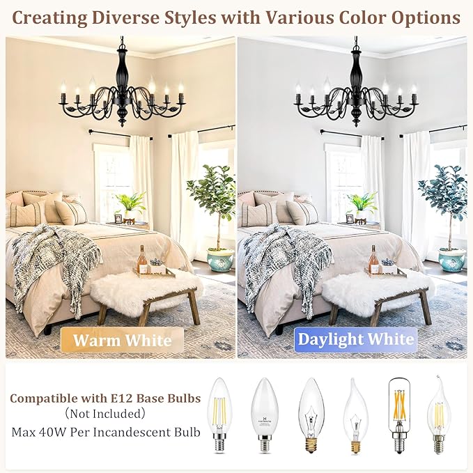 29" Large Black Chandelier for Dining Room, Modern Farmhouse 8-Light Light Fixture Hanging, Industrial Kitchen Lighting Fixtures with Leaf, Vintage Chandeliers Over Table for Bedroom Foyer Living Room
