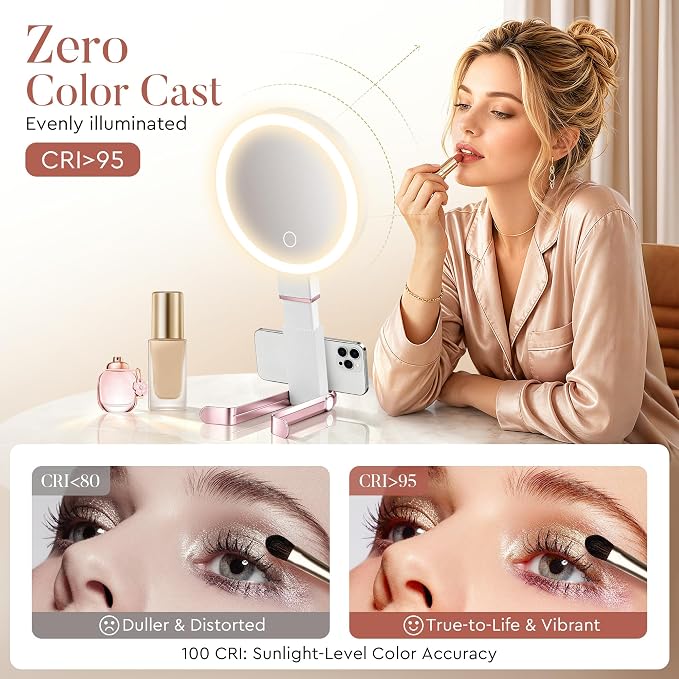MIYADIVA Travel Makeup Mirror with Lights, Height Adjustable 30X/1X Double-Sided Magnifying Mirror, Portable Foldable Vanity Mirror with Digital Display & Phone Holder, Handheld Tabletop Hanging