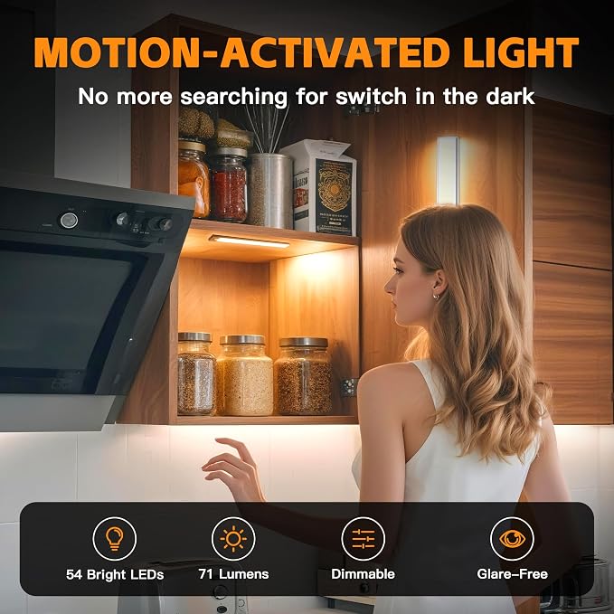 15.75 inch Under Cabinet Lighting, 4 Pack Magnetic Closet Lights | Motion Sensor, 74 LED, 3 Color Temperature, USB-C Charging, Durable and Easy-to-Install, for Staircases, Wardrobes