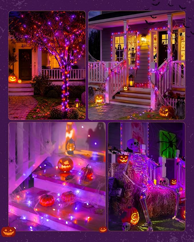 Minetom Solar Halloween Lights, 4 Pack Total 132Ft 400 LED String Lights | Solar Fairy Lights Outdoor Waterproof with 8 Modes, Twinkle Lights for Patio Yard Garden Tree Patry DIY Decor (Orange&Purple)