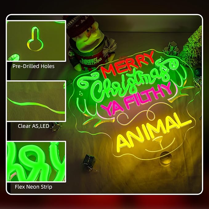 Merry Christmas LED Neon Sign Christmas Deer Light for Grinch Decoration | 14.33IN*12.6IN,Merry Christmas Ya Filthy Animal,Five level brightness adjustment,USB power,For Bar,Club,Pub,Home,Party