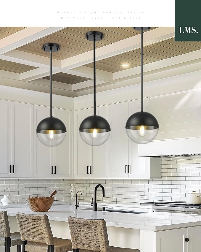 Modern Pendant Lights, Matte Black Kitchen Island Pendant Light Fixtures, Adjustable Hanging Rod Ceiling Light for Dining Room Bathroom Bedroom, LMS-186BKC