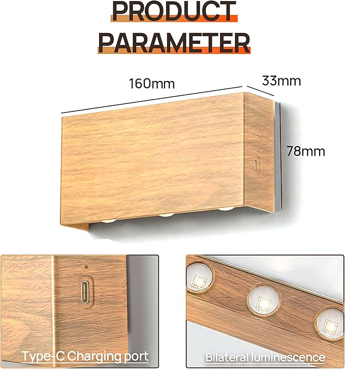 Shelprojsu LED Magnetic Wall Sconce Lights,5000mAh Wireless Bedside Wall Light USB Rechargeable Reading Wall Lamp,3 Lighting Colors and Dimmable Battery Operated Wall Sconces (Wood Color, 1 pcs)