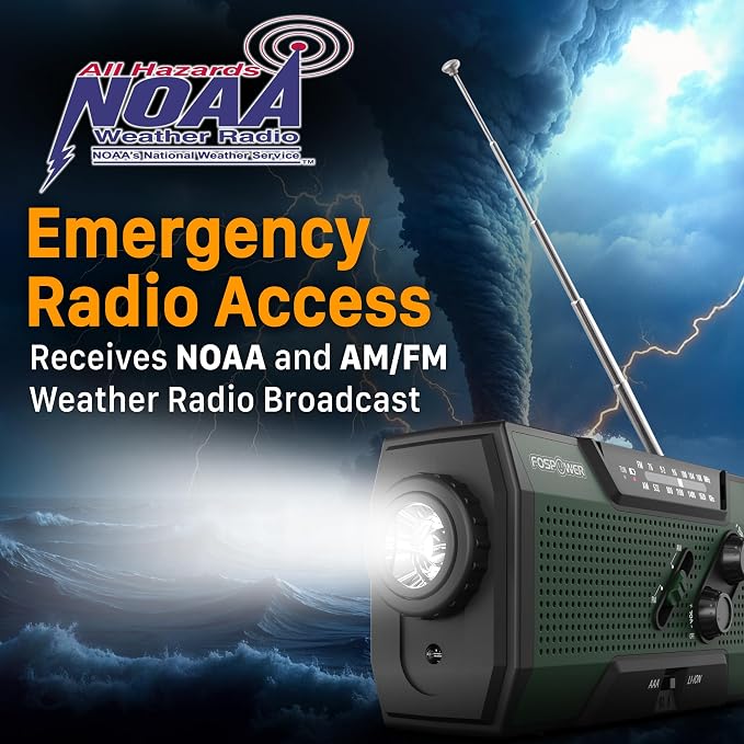 FosPower NOAA Emergency Weather Radio A1 7400mWh Portable Power Bank, AM/FM, USB/Solar/Hand Crank Charging, Battery Operated, SOS Alarm & Flashlight for Indoor/Outdoor Emergency - Green