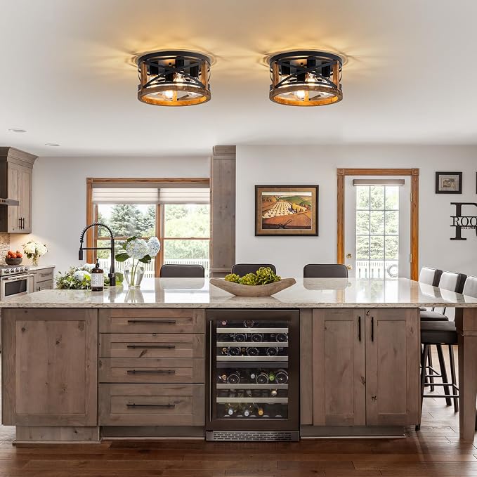 Farmhouse Light Fixtures, 4-Light Round Flush Mount Ceiling Light with Wood and Metal Frame, Black Rustic Ceiling Light for Hallway, Entryway, Bedroom, Kitchen