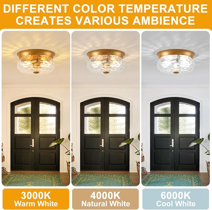 Gold Flush Mount Ceiling Light Fixtures, 2-Light Ceiling Mount for Modern with Clear Hammered Glass Shade, Industrial Flush Mount Light Fixture Farmhouse for Hallway Kitchen Bedroom Entryway Foyer