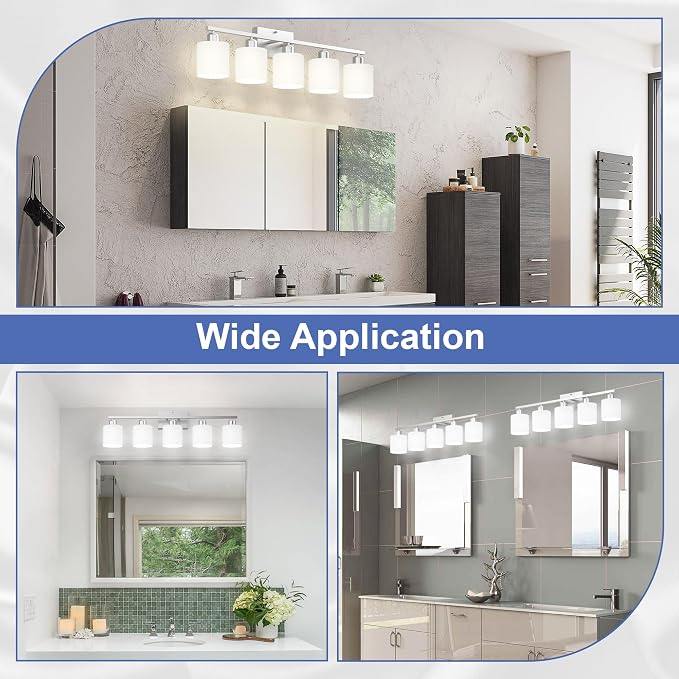 Bathroom Lights Over Mirror Brushed Nickel, Anti-Rust 5-Light Bathroom Vanity Light Fixtures, Modern 28.34Inches Wall Sconces E26 Base, Milky White Glass Shades, Bulbs Not Included