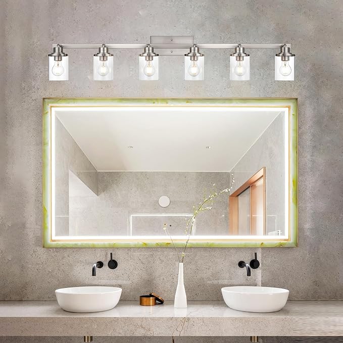 Yaohong 6-Light Track Lighting Kit Brushed Nickel Track Lighting Fixtures, Bathroom Wall Light Ceiling Mount Rotatable Spotlights, Kitchen Ceiling Light Fixtures with Glass Shade for Bathroom Hallway