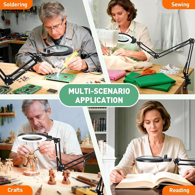 Magnifying Glass with Light, Overhead Knob Magnifier Lamp 12X | 35in Adjustable Arm For Craft Repair Sewing Workbench Close Work, LED Magnifying Light Real Glass Stepless Dimming and Color