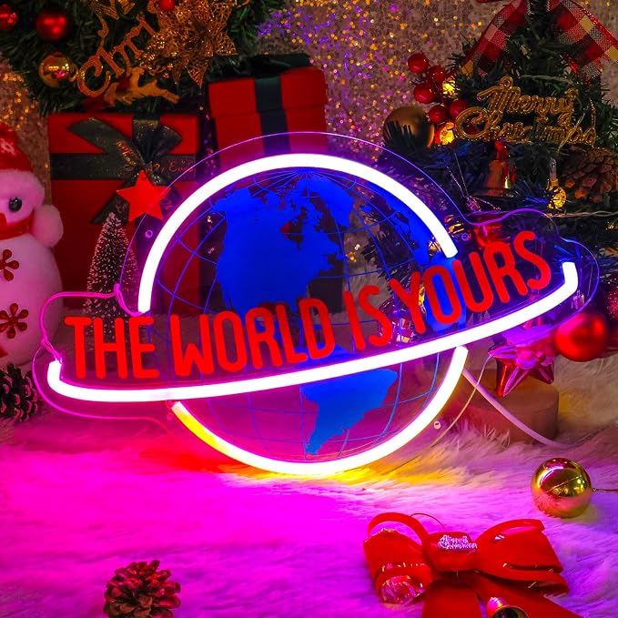 The World Is Yours Neon Sign, 7 RGB Color Planet LED Neon Light Lamp for Wall Decor, Man Cave Home Bar Bistro Club Cafe Wedding Game Room Bedroom Birthday Gift Graduation Party