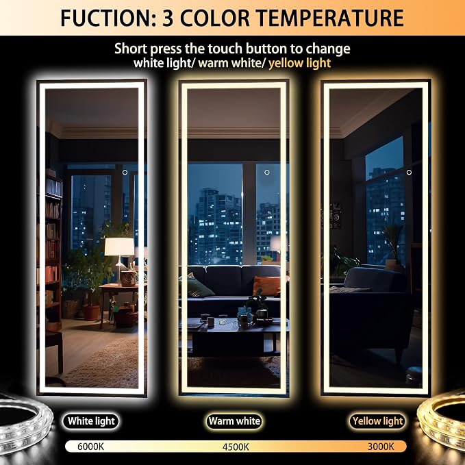 Hasipu Full Length Mirror with Lights, 67" x 24" LED Lighted Floor Standing, Full Body Dressing Hanging Mounted Mirror, Tempered Glass, Square Black