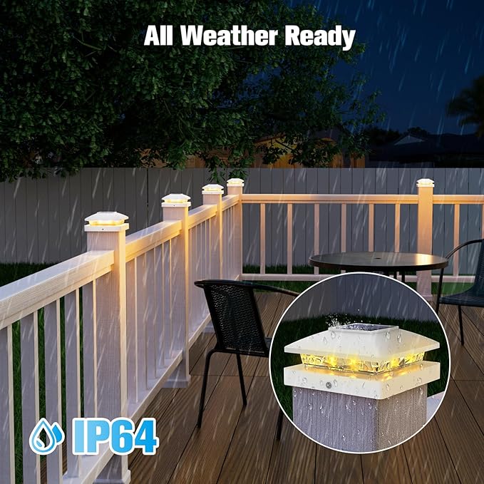 VOLISUN 4x4 Solar Post Cap Light 6pack,Solar Fence - Post Lights Outdoor Waterproof for Wooden/Vinyl Post,White Deck Post Cap Light Solar Powered with Warm White for Garden/Patio/Porch