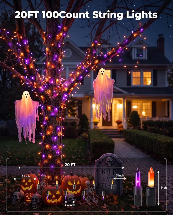 Halloween Lights 20FT 100 Count, Purple and Orange Outdoor String Lights | Incandescent Mini String Lights, Waterproof & Connectable for Halloween Decorations, for Patio Home Party Garden Yard Decor