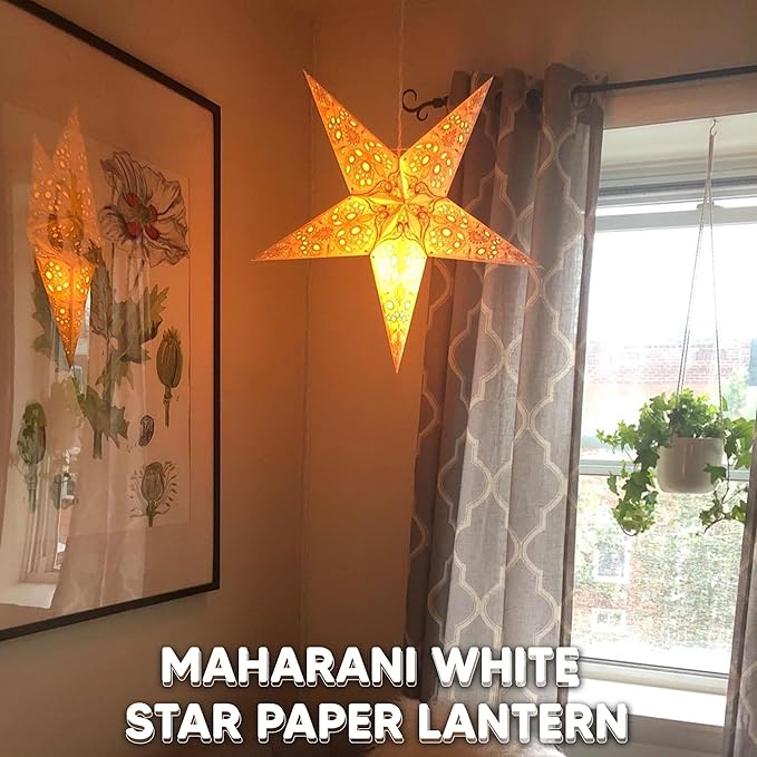 GalaxyArts Paper Star Lantern, 24 Inch Maharani White 3D 5-Point Light-Up Hanging Lamp, Handcrafted Hollow Decoration for Christmas, Weddings, Holidays, Birthday, Indoor Outdoor Party Home Décor