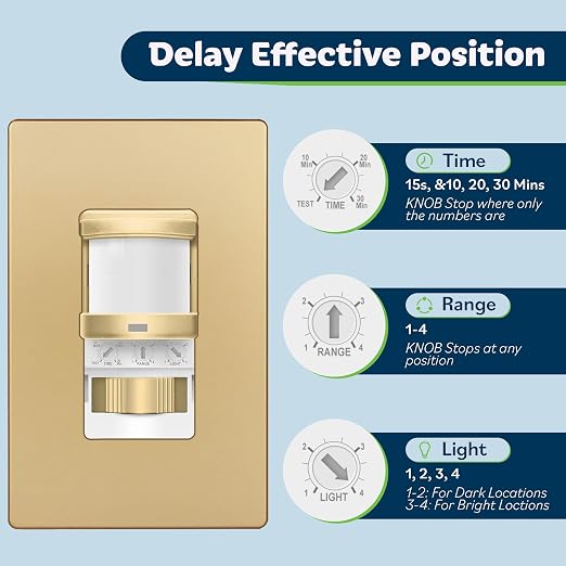 TOPGREENER in Wall PIR Motion Sensor Light Switch, Need Neutral Wire, Gold | Occupancy Sensor Switch, On/Off Override, Single Pole, 4A/500W, Motion-Activated Switch Wall Plate Included,UL-listed,1 Pack