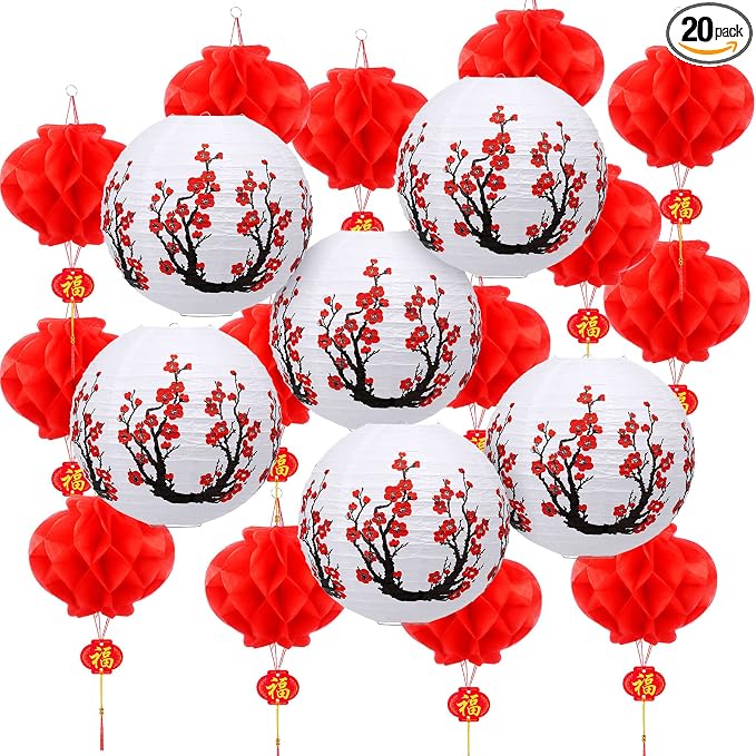 Mudder 20 Pack Chinese Japanese Paper Lanterns, Red Sakura Cherry Blossom Hanging Lantern Decorations, Asian Theme Party Supplies for Birthday Wedding Restaurant Home Decor, Traditional Style
