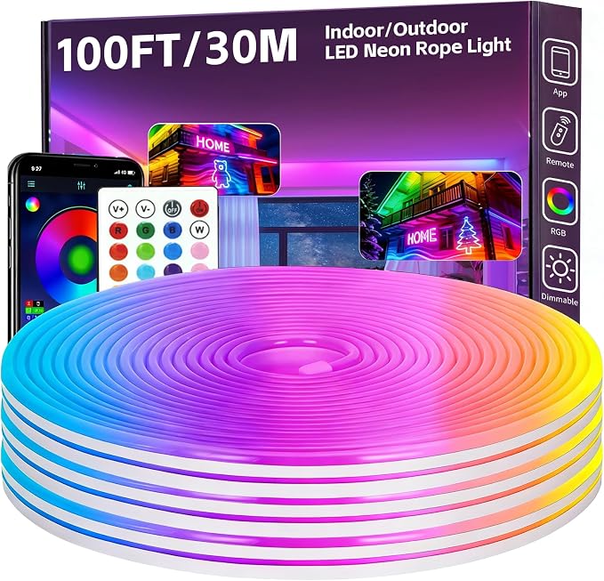 100FT RGB LED Neon Rope Lights, App & Remote Control, Flexible Waterproof IP65 Led Strip Lights, Music Sync Color Changing Multiple Modes Neon Lights for Bedroom Gaming Room Indoor & Outdoor Decor