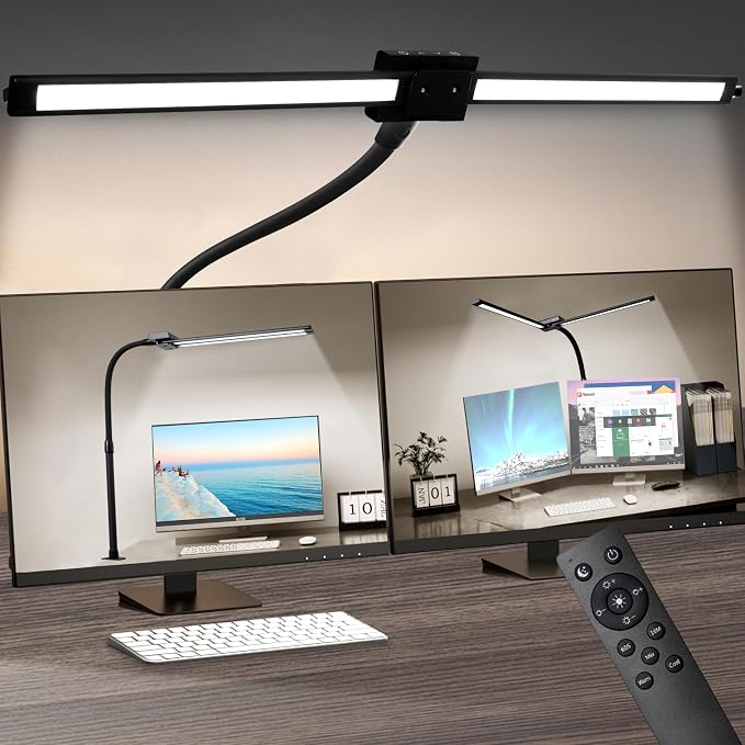 Led Desk Lamp with Clamp, Gooseneck Remote Control Desk Light with Eye Protection, 24W Ultra Bright Stepless Dimming and Tempering LED Desk Lamp for Home Office, Bedroom, Study