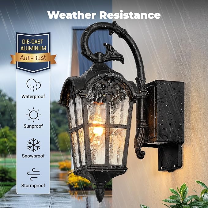 Outdoor Porch Light with GFCI Outlet, Black Roman Dusk to Dawn Porch Light Wall Mount, Aluminum Exterior Wall Sconce with Water Ripple Glass, Waterproof Outside Sconce Lights for House