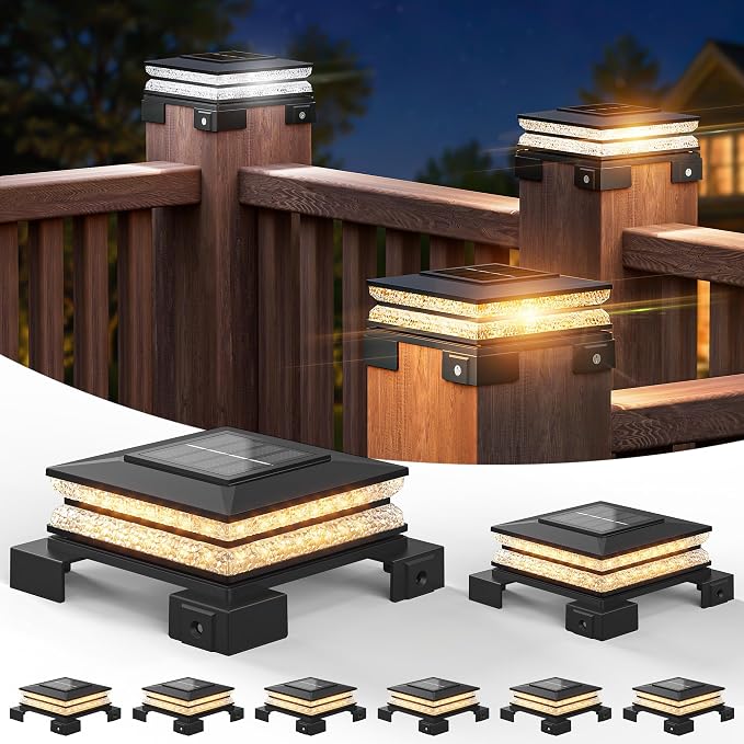 APONUO Solar Post Cap Lights Outdoor, 3 CCT & 2 Brightness Deck Post Lights Solar Powered for 4x4 5x5 6x6 Vinyl Wooden Posts, Waterproof Dusk to Dawn Fence Deck Lights for Patio Garden, Black, 8-Pack