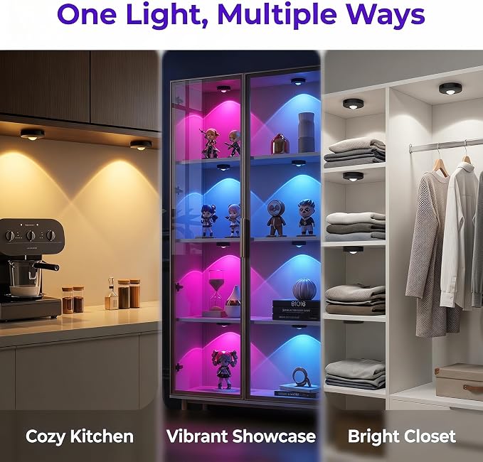 Rechargeable Magnetic Puck Lights, RGB Under Cabinet Lighting with Remote & Touch Control, Dimmable/3 Color Temps/Timing, Wireless Stick-On Lights for Kitchen Shelf Pantry