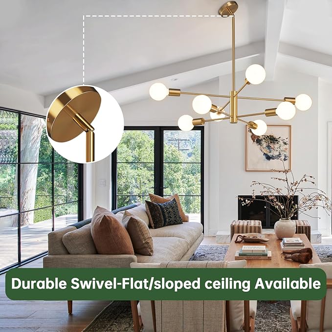 Modern Sputnik Chandeliers Light, 8-Light Gold Dining Room Chandelier Over Table, E26 Mid Century Ceiling Light Fixtures Height Adjustable Hanging Pendant Lighting for Entryway Foyer