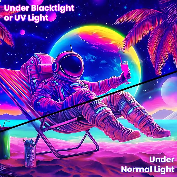 BVBOX Blacklight Space Astronaut Tapestry UV Reactive Galaxy Planet Glow in Dark Tapestries Black Light Poster Neon Wall Hanging Art for bedroom Living Room (Astronaut recliner-3M)